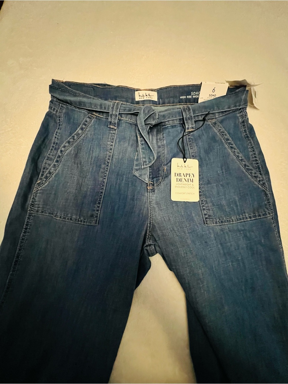 Nicole Miller Soho High Waisted Drapey Denim Jeans in Blue with Tie Waist